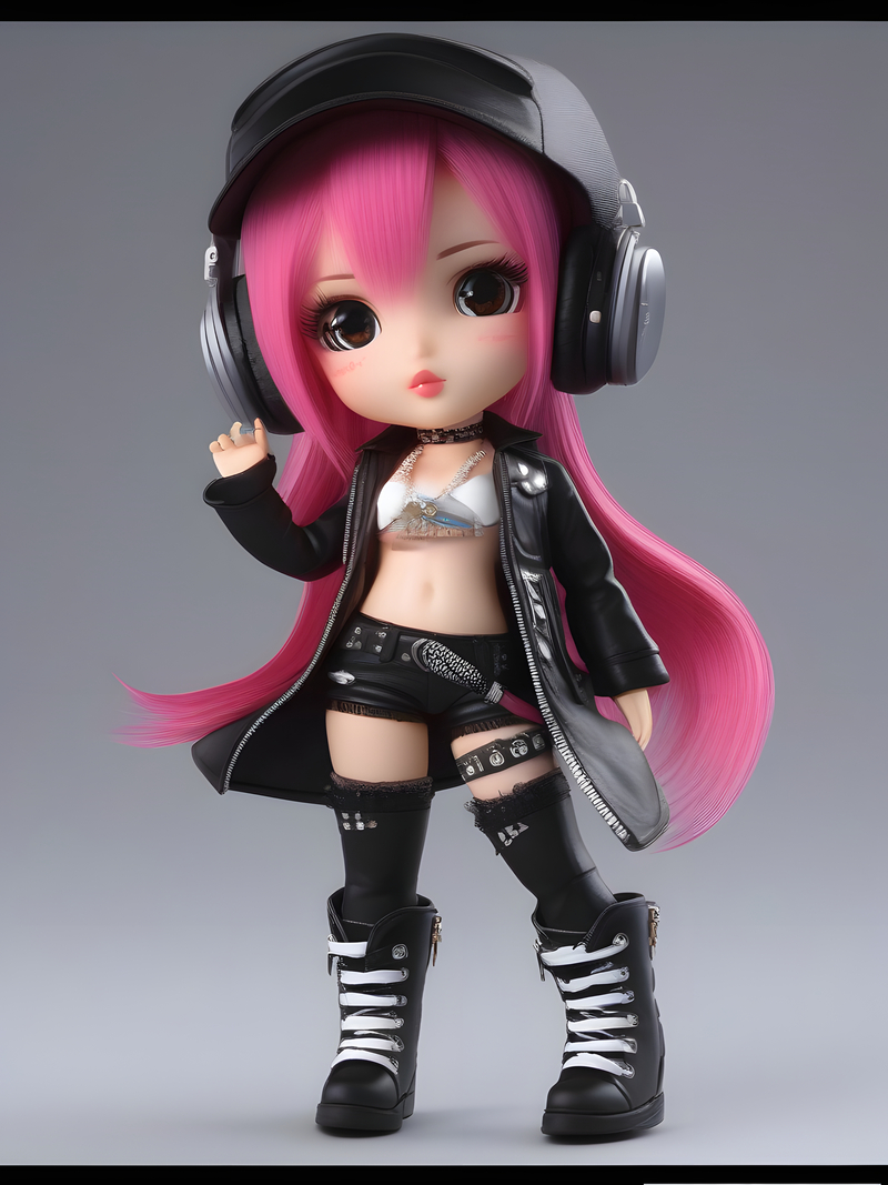 Cute punk-style doll using a headset