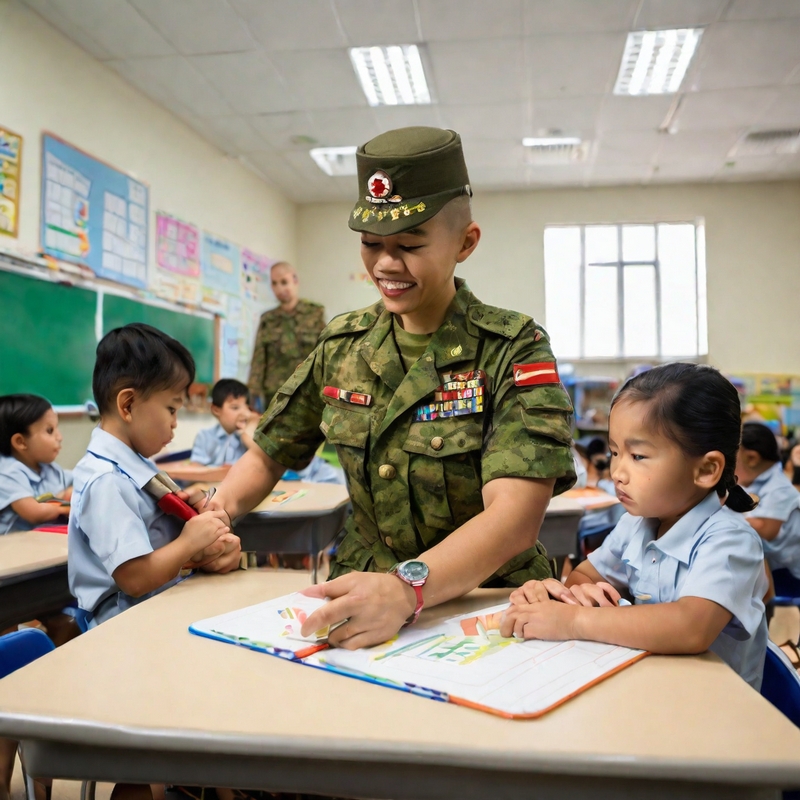 A soldier teaches lessons to children