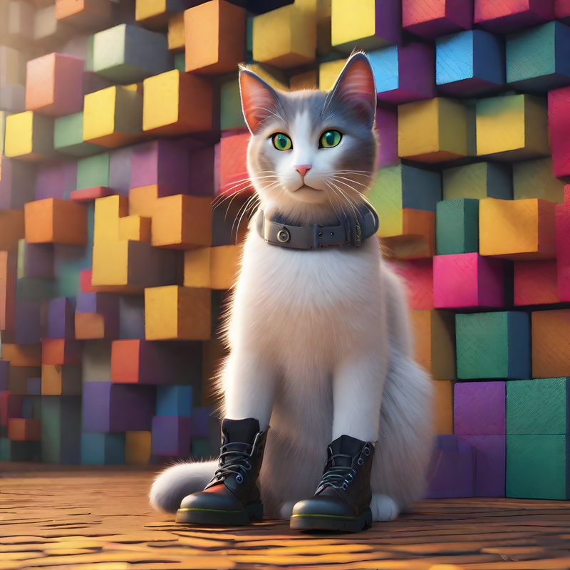 Cat wearing shoes against a background of colorful cubes