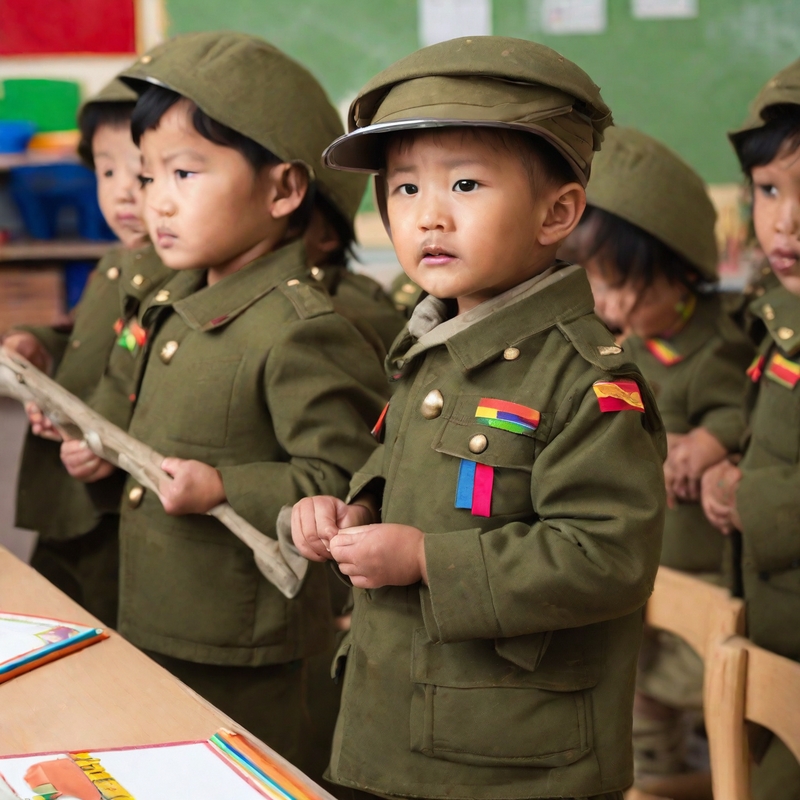 Children learn while wearing military clothing