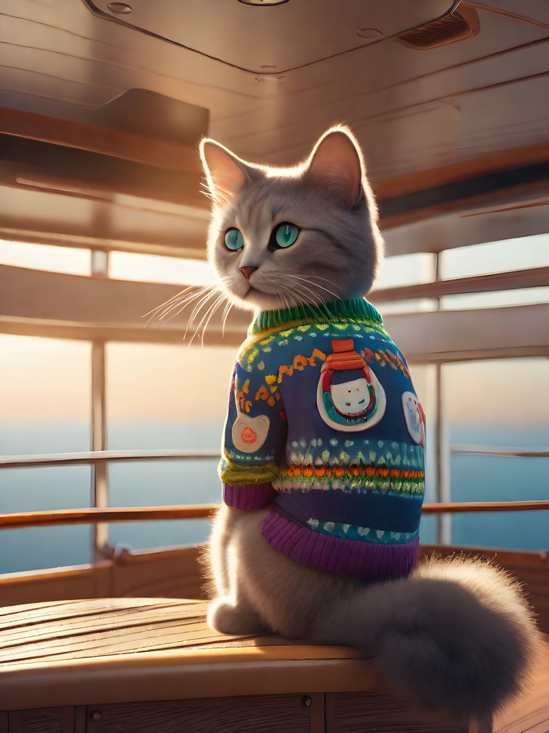 Gray cat wearing a colorful sweater on a boat
