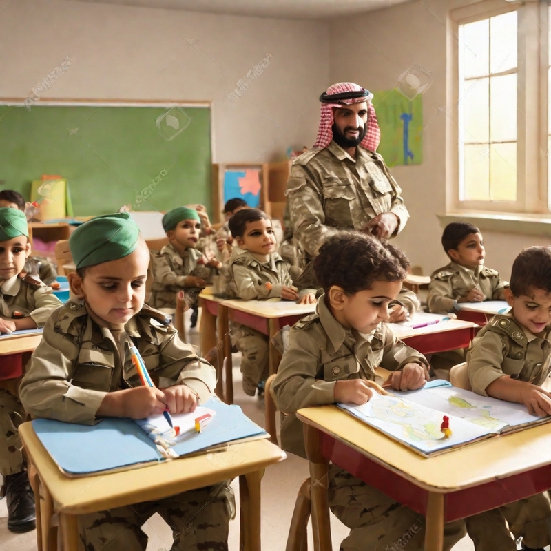 Middle east children learn to wear military clothing