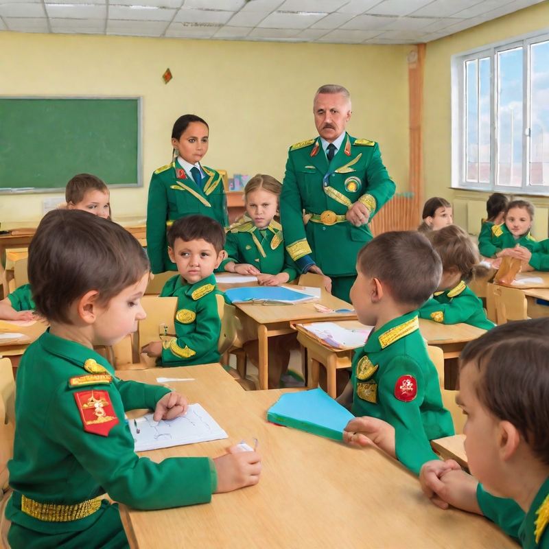 Military teacher teaching children