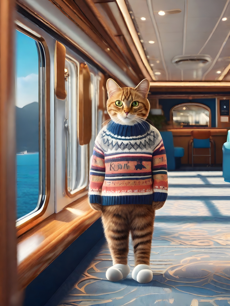 Orange cat wearing knit sweaters on a boat