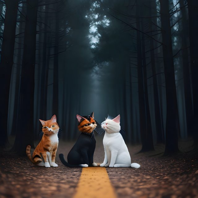 Three cats among the big trees