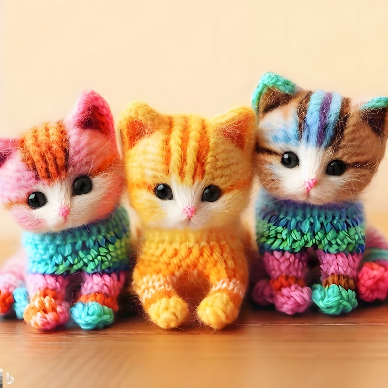 Three cute cats made of knitting