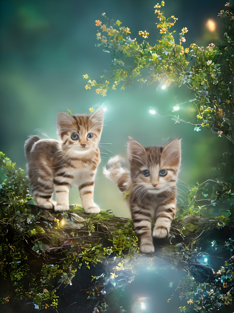 Two kittens on a log filled with leaves
