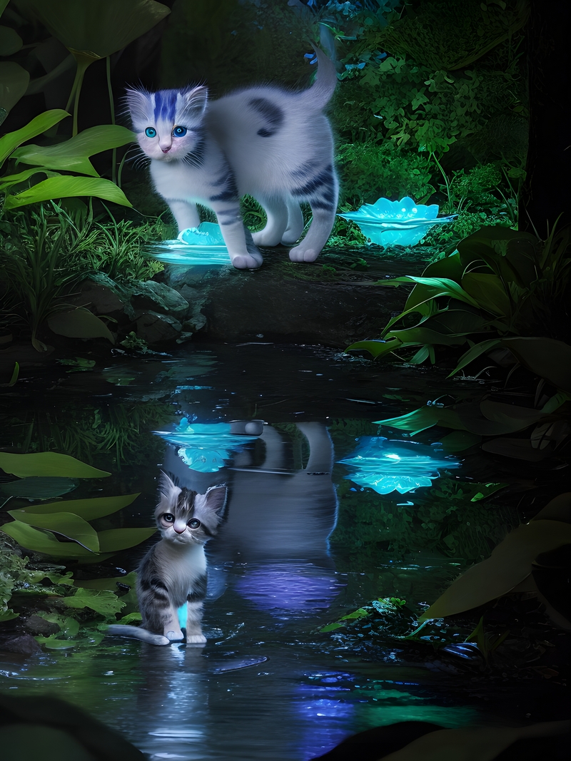 Two kittens play in a swamp