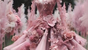 Wedding dress with a pink floral pattern