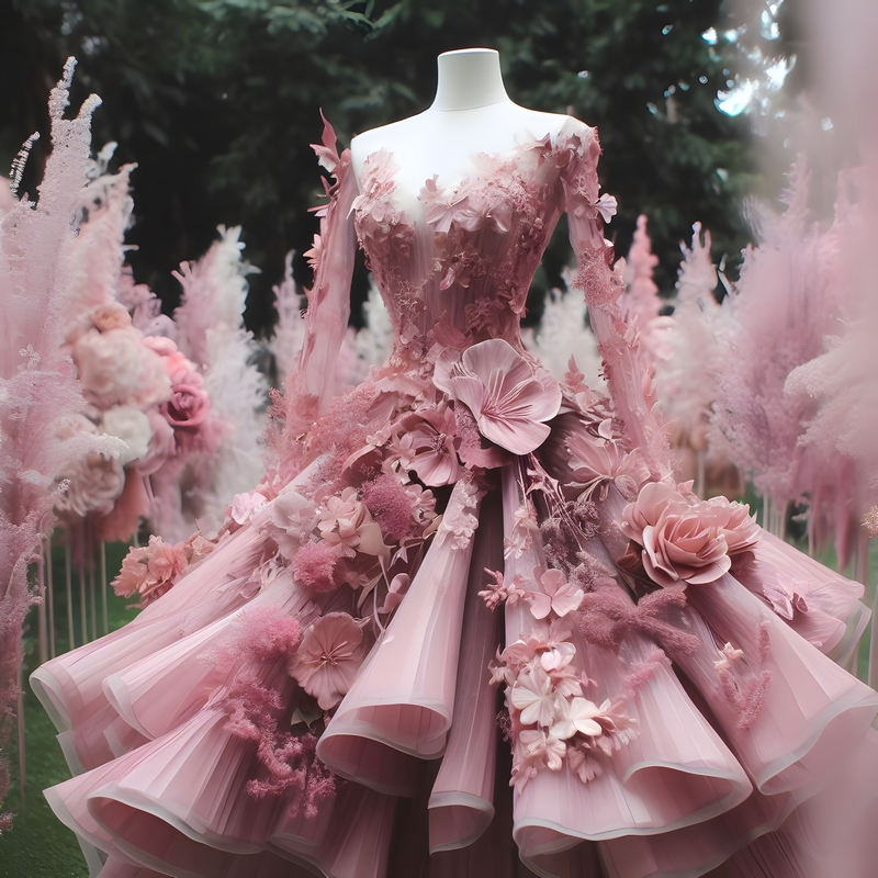 Wedding dress with a pink floral pattern