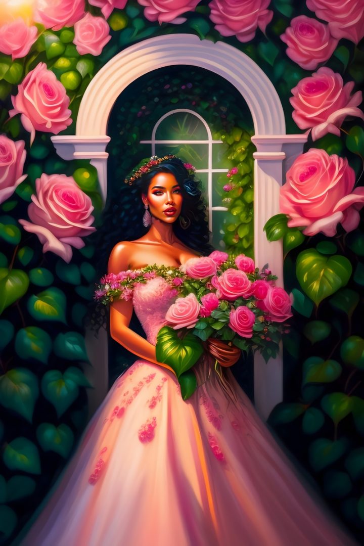 Woman wearing a pink dress surrounded by flowers