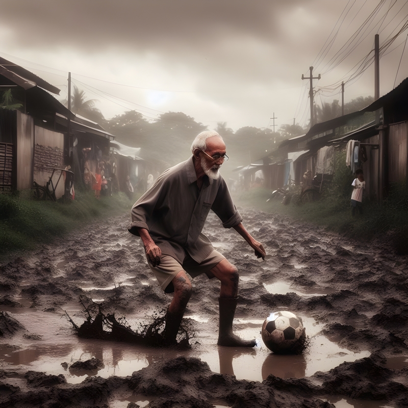 A grandfather playing ball in the mud