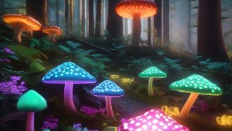 Colorful glowing mushrooms in the forest