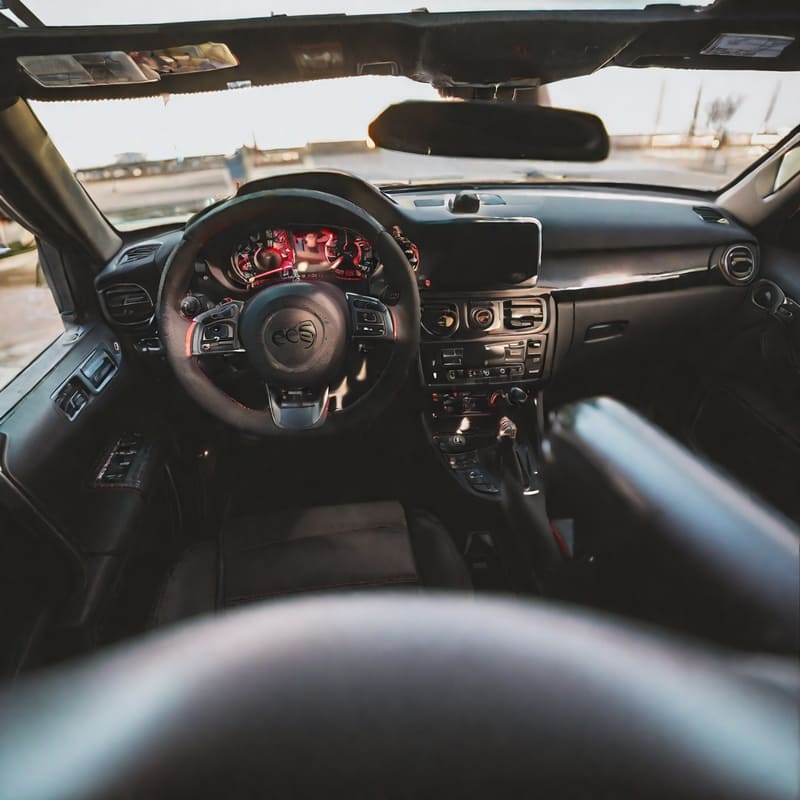 Inside view of a sports car cabin