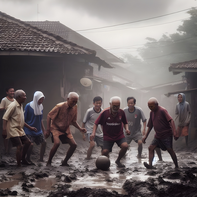 Old people playing ball in the mud