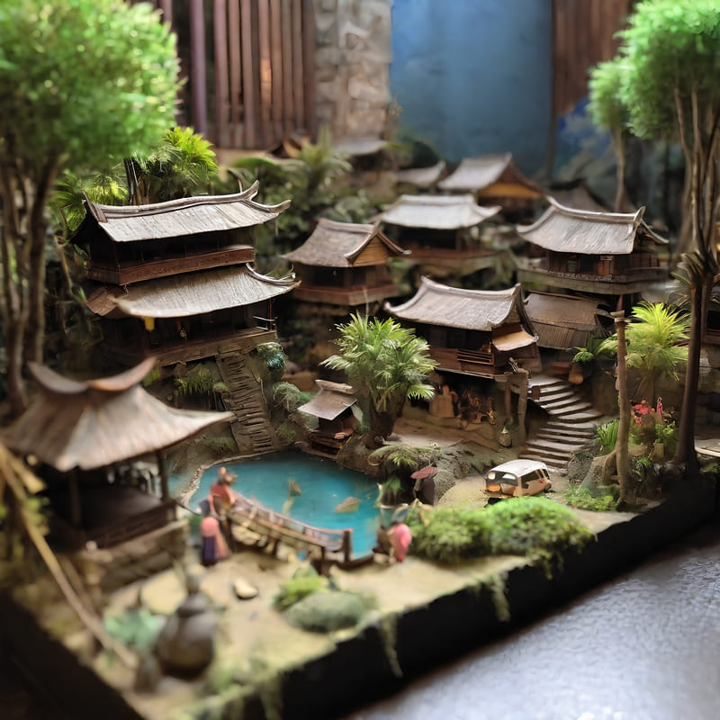 Village diorama with bathhouse