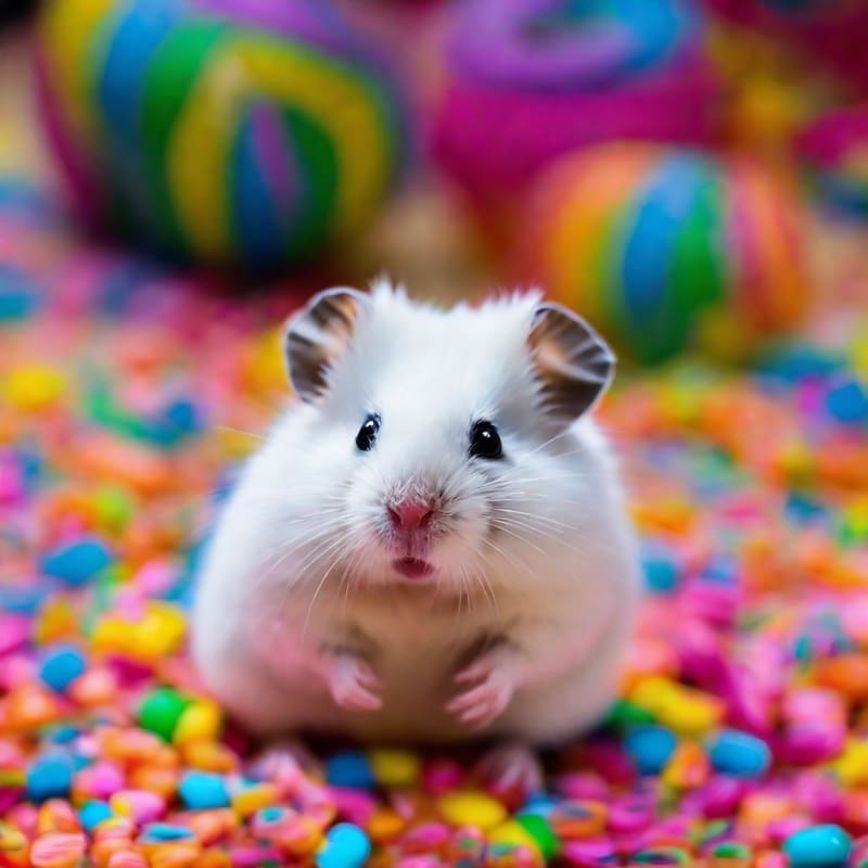 White hamster on candy