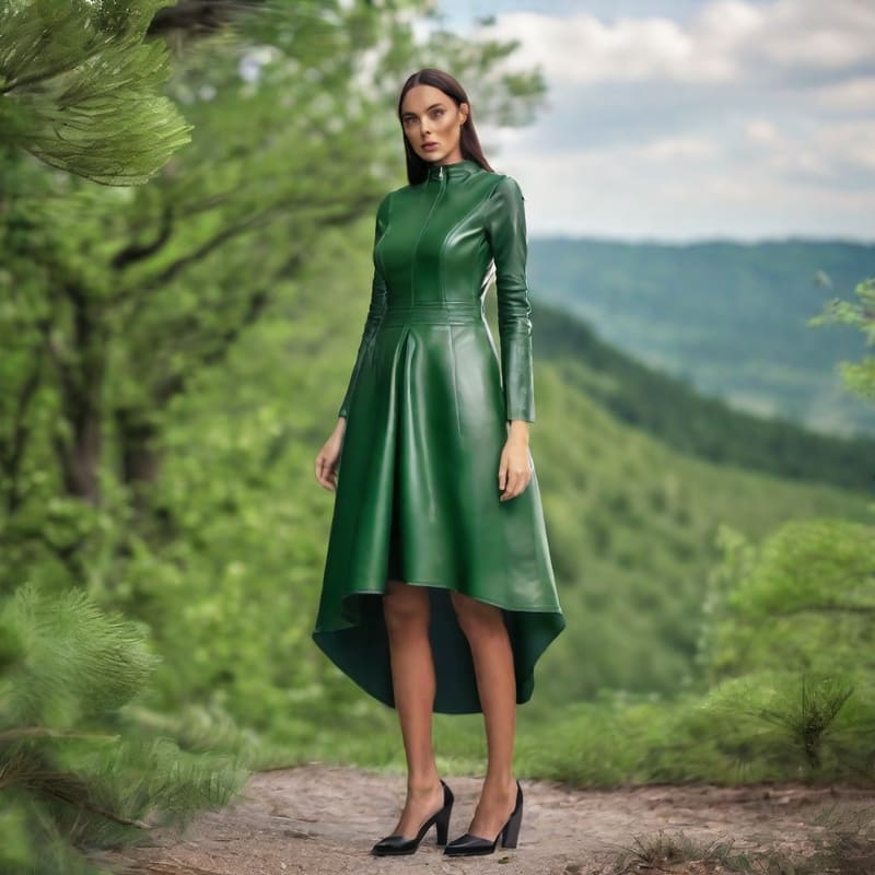 Woman in green dress in the hills
