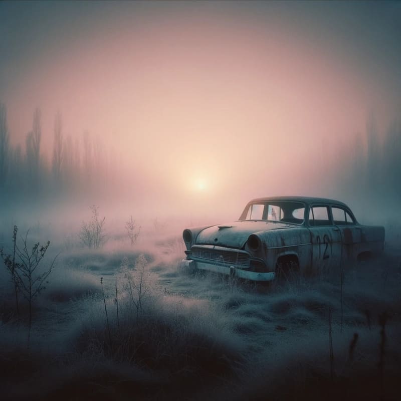 A battered old car in the middle of a meadow