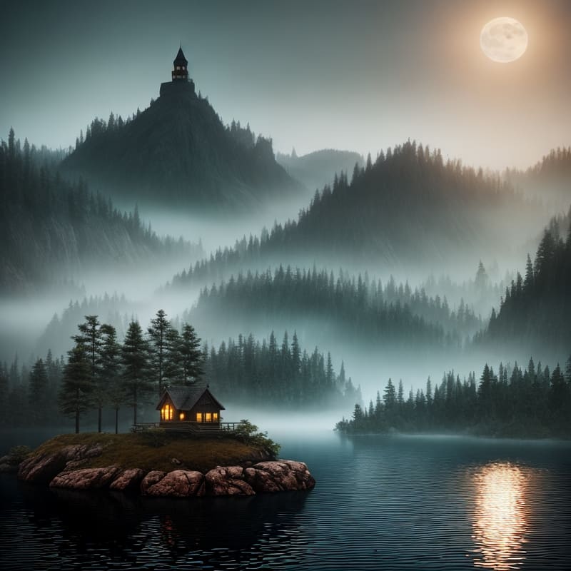 A beautiful view of the cabin house in the middle of the lake