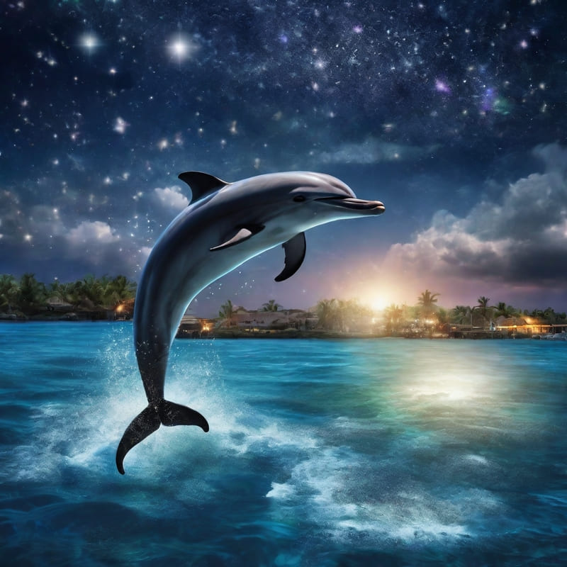 A dolphin jumps from the water at night