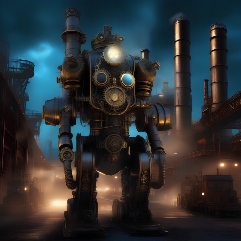 A giant robot standing in front of a factory