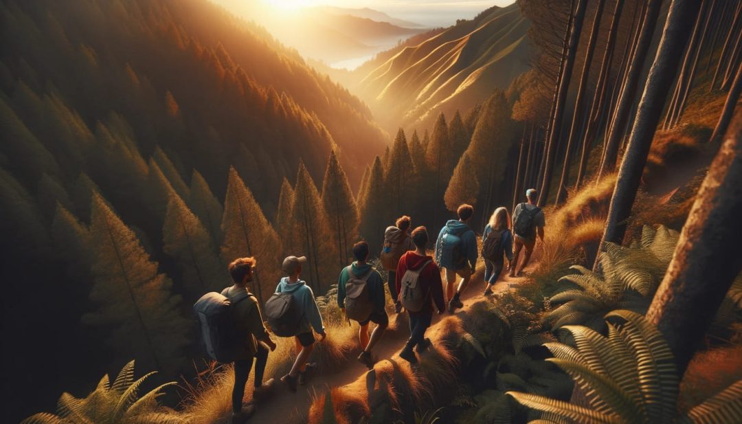 A group hiking through the pine trees