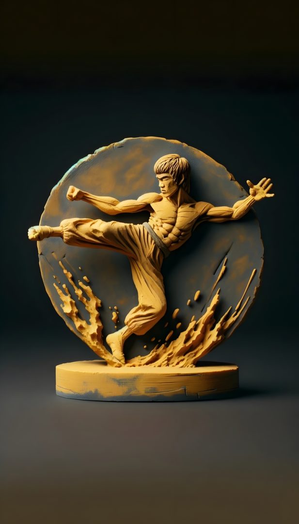 A statue depicting bruce lee workout