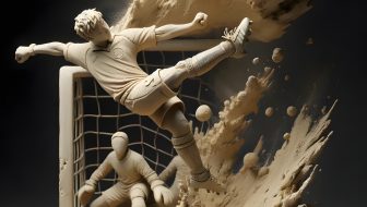 A statue of a footballer preparing to kick in the air