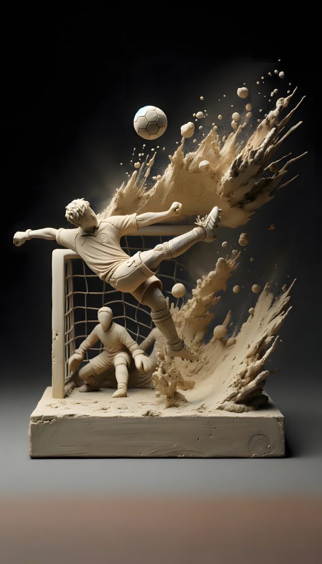 A statue of a footballer preparing to kick in the air