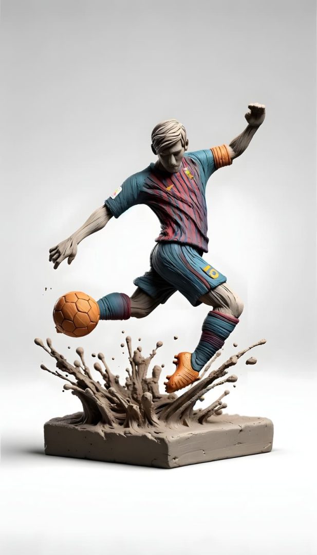A statue of messi dribbling the ball