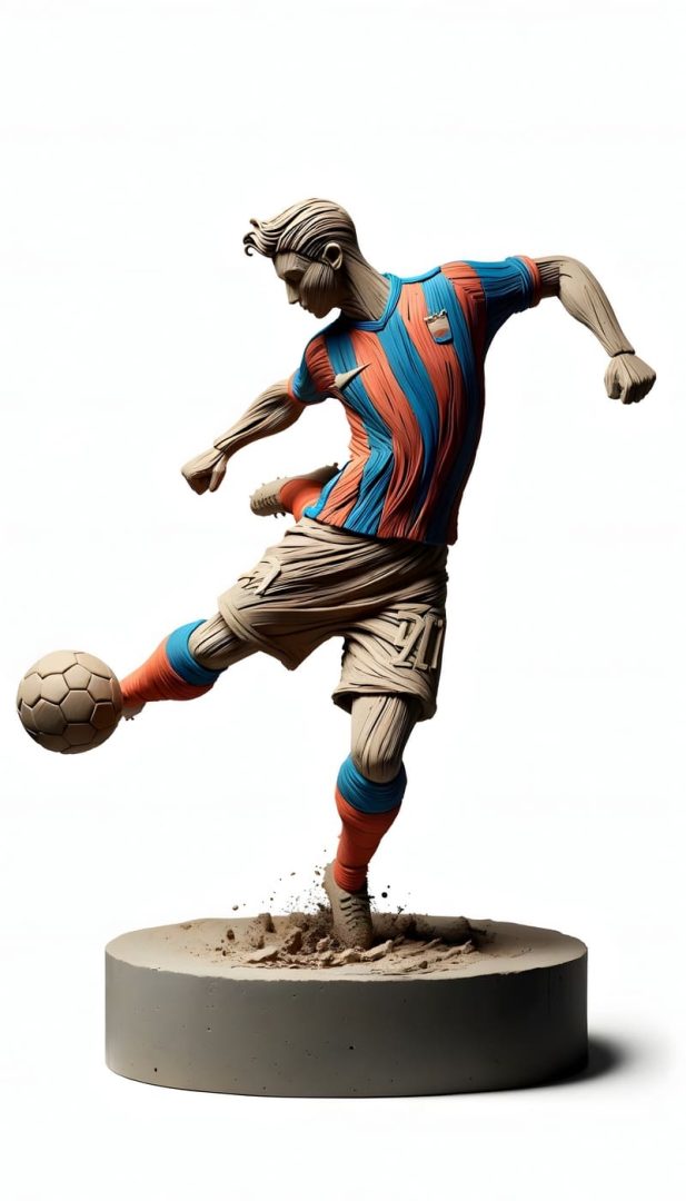 A statue ready to kick the ball