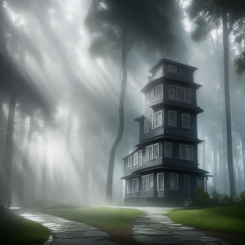 A terraced house in the middle of a misty forest