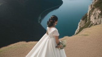 A woman in a dress takes photos at the edge of a cliff