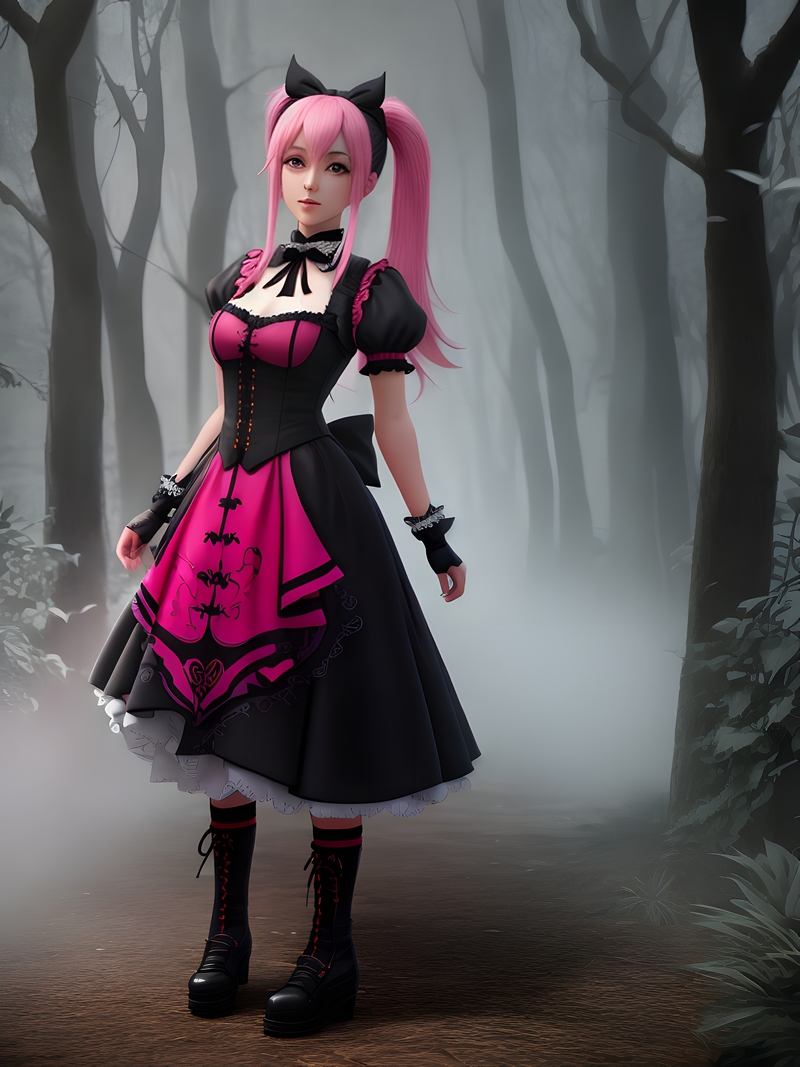 A woman in a pink and black dress standing in a forest