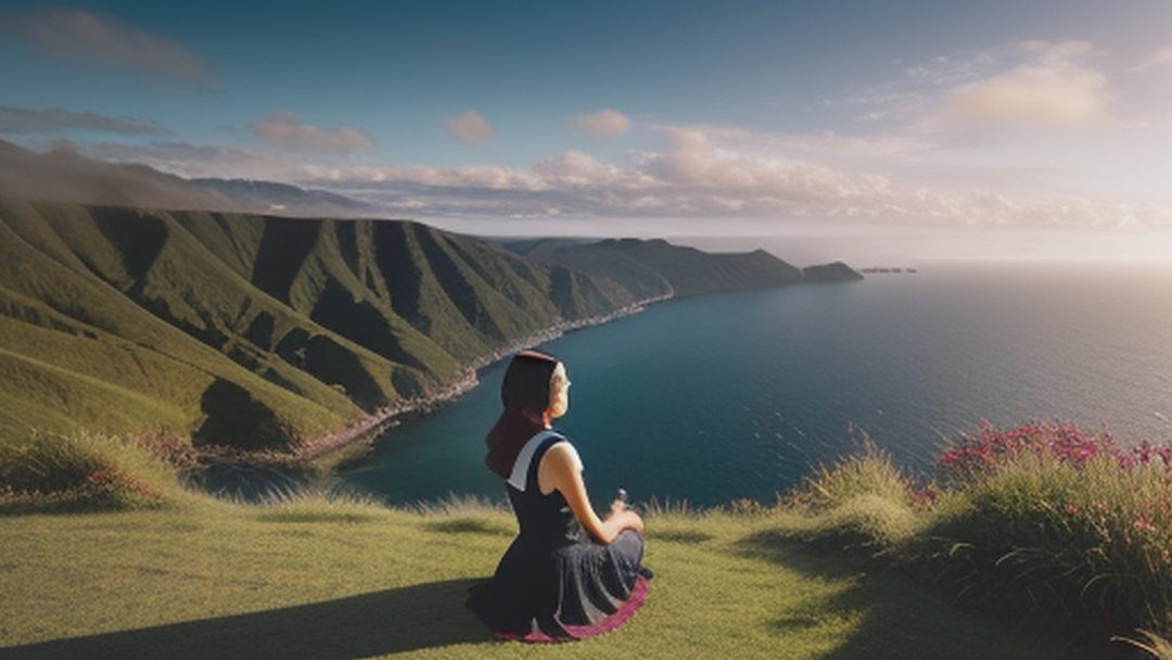 A woman sitting on top of a lush green hillside