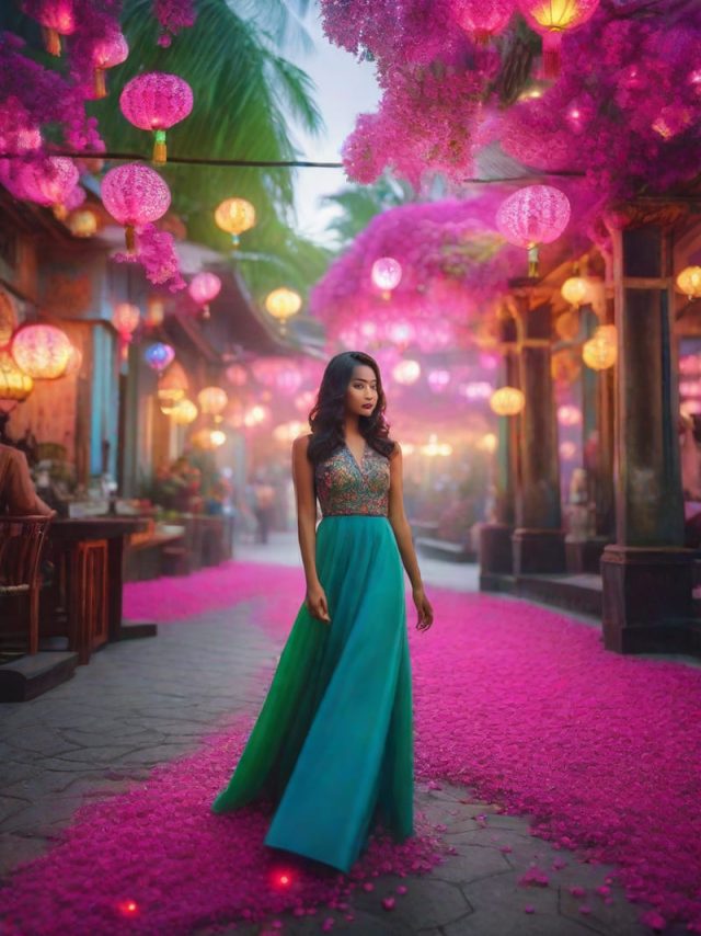 A woman takes a photo in a hallway full of beautiful flowers