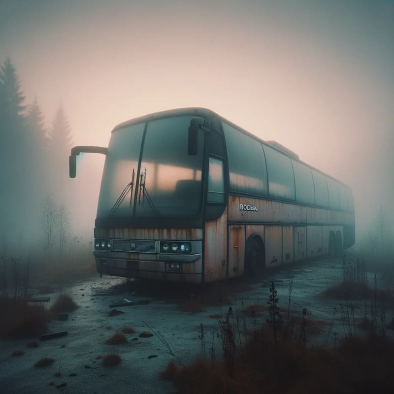 An abandoned bus in the middle of the forest