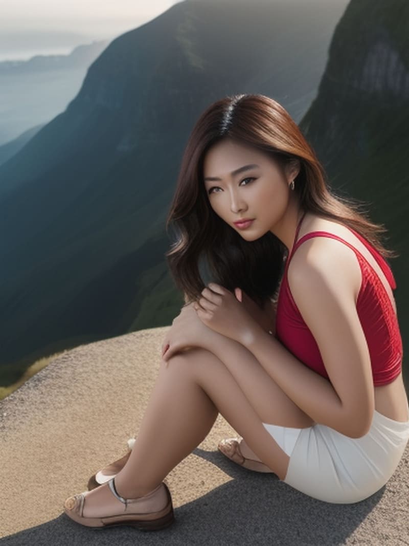 Asian woman sitting on a rock with a view of mountains