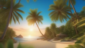Beach with coconut trees and beachfront huts