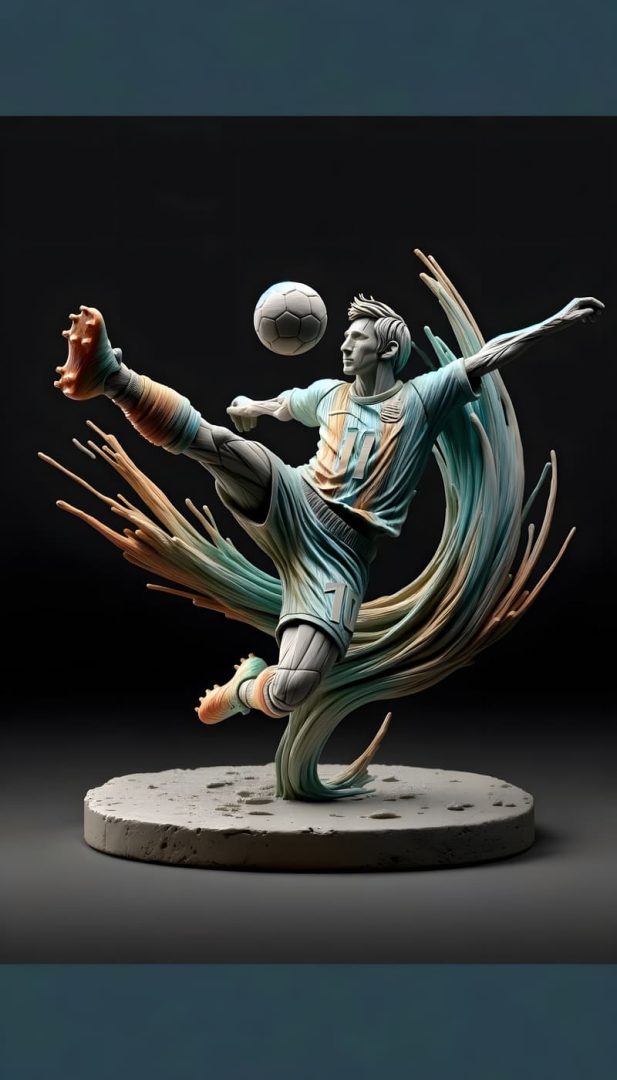 Carved statue of messi kicking a ball