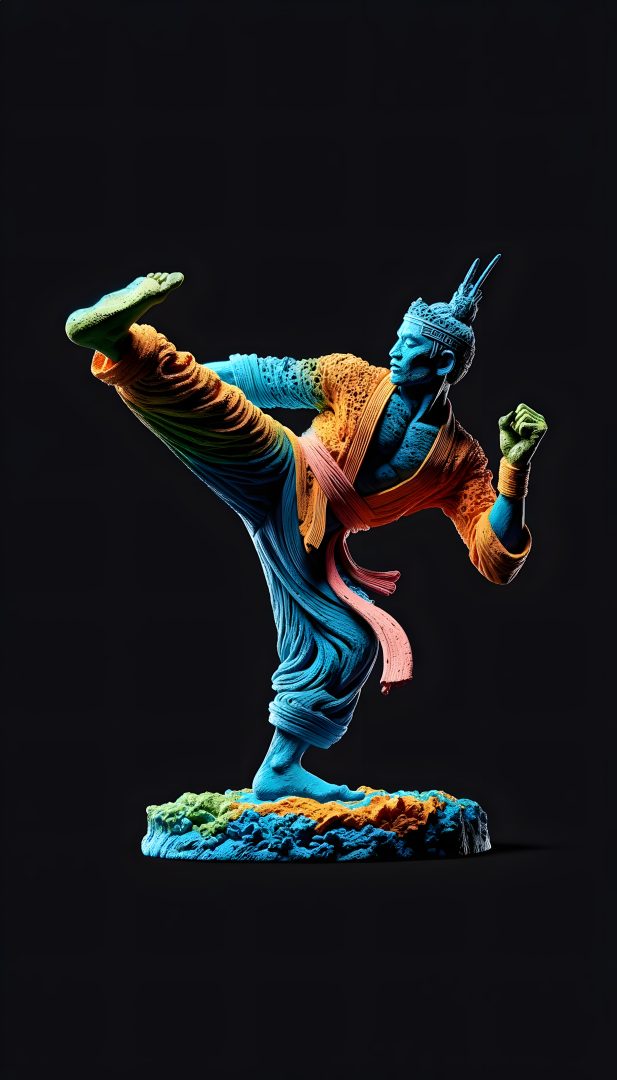 Colourful sculpture of a man kicking a frisbee ball