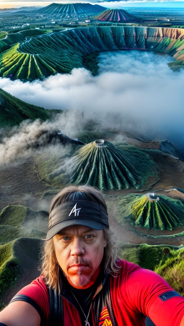 Long-haired man in red shirt taking a selfie from the top of a mountain