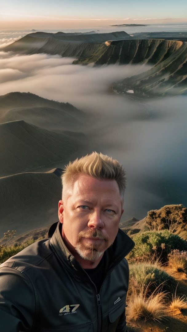 Man in leather jacket taking a selfie with misty mountain view