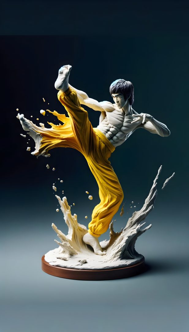 Statue of bruce lee doing a kick
