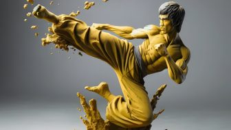 Statue of bruce lee kicking in the air