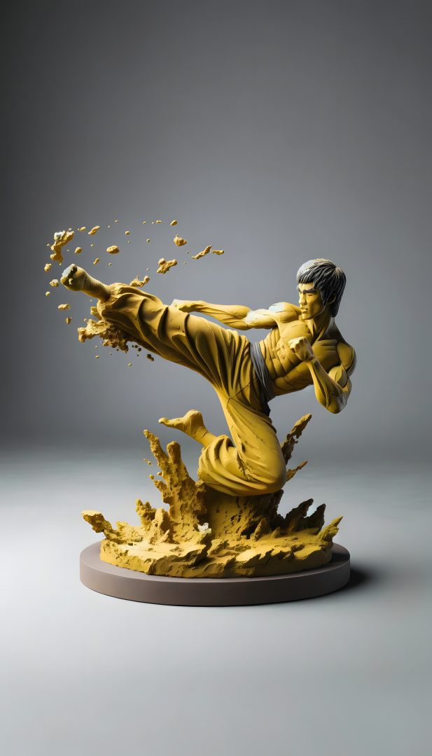 Statue of bruce lee kicking in the air