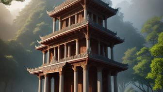 There is a tall pagoda in the middle of the forest