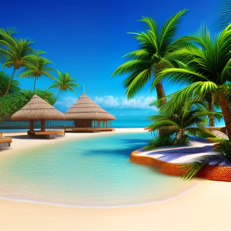 Tropical beach with coconut trees and thatched huts