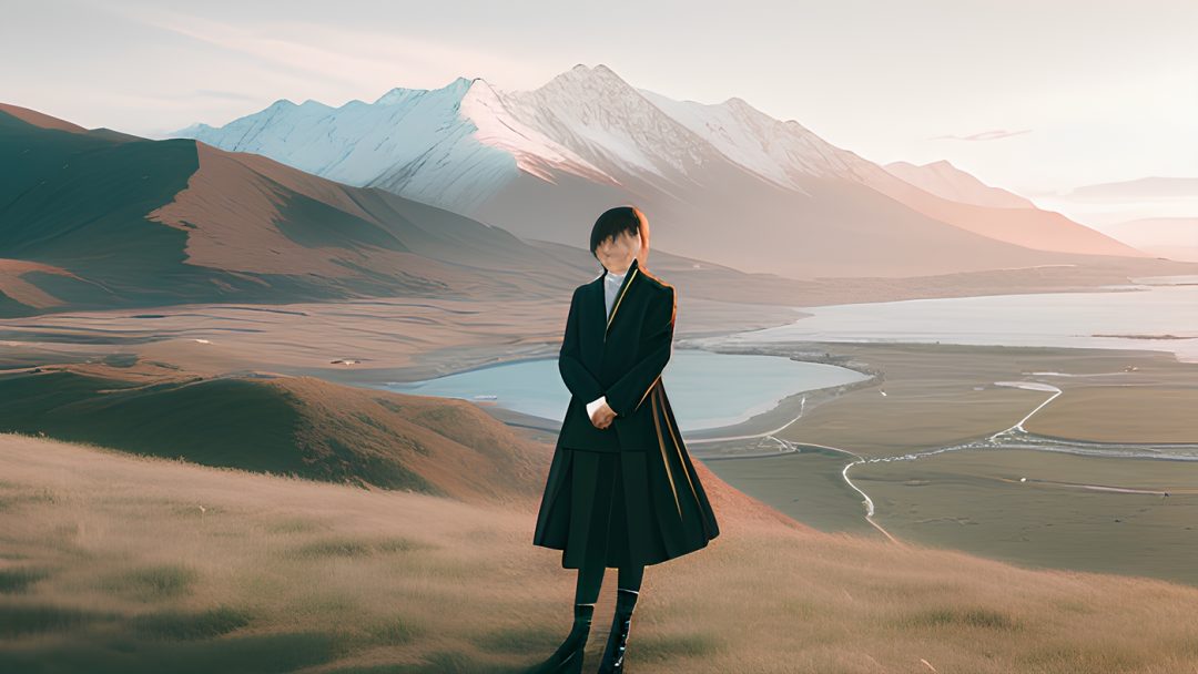 Woman in black clothes with mountains in the background